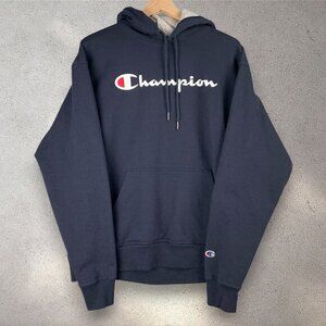 Champion Hoodie Mens Large Navy Pullover Sweatshirt Fleece Athletic Spellout Y2K